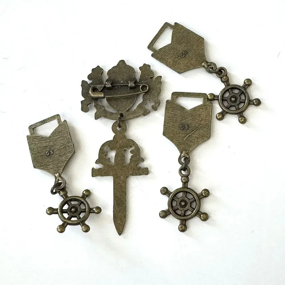 Vintage Bronze Tone Royal Crown Crest Lion Sword Pin & Three CS Naval Badge Set